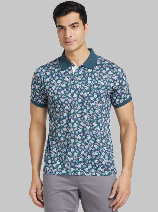 Raymond Men Green Jacquard Contemporary Fit Cotton T-Shirt