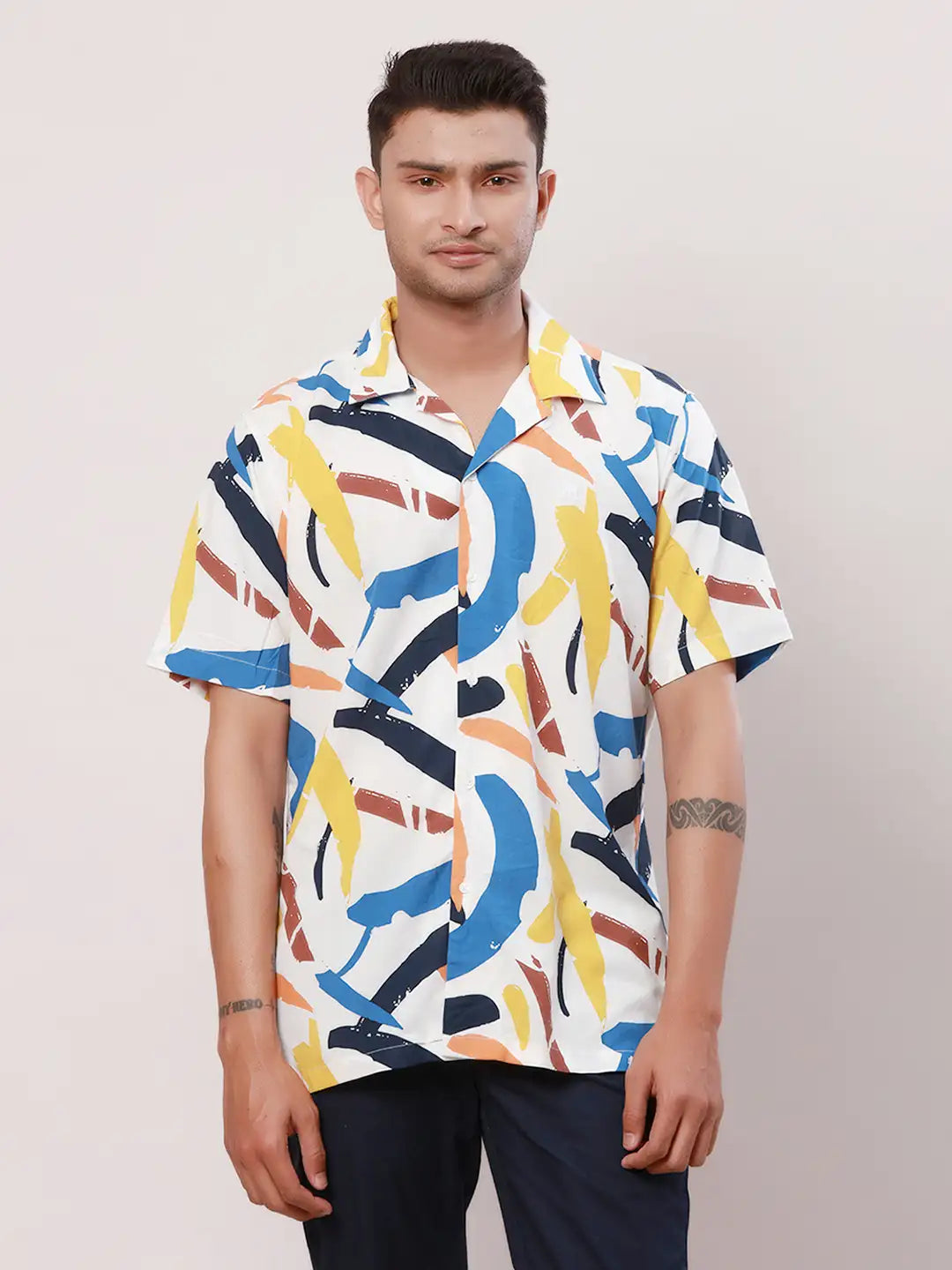 Raymond Men Blue Print Contemporary Fit Cotton Half Sleeve Resort Collar Shirt