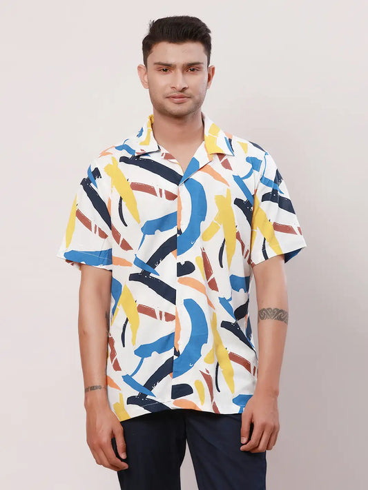 Raymond Men Blue Print Contemporary Fit Cotton Half Sleeve Resort Collar Shirt