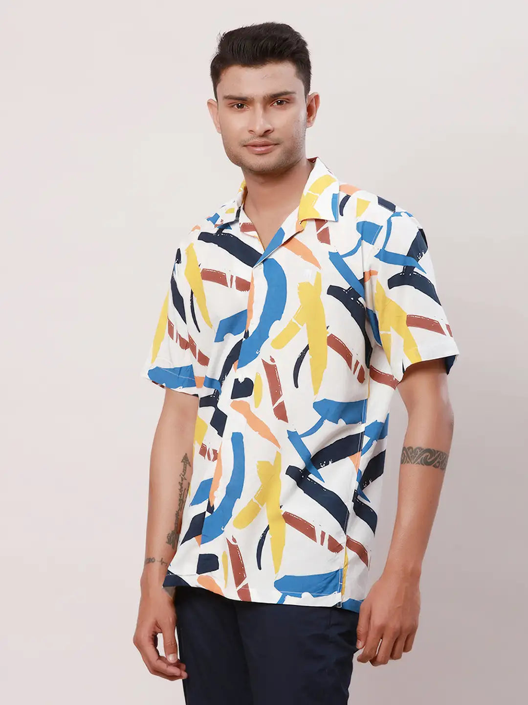 Raymond Men Blue Print Contemporary Fit Cotton Half Sleeve Resort Collar Shirt