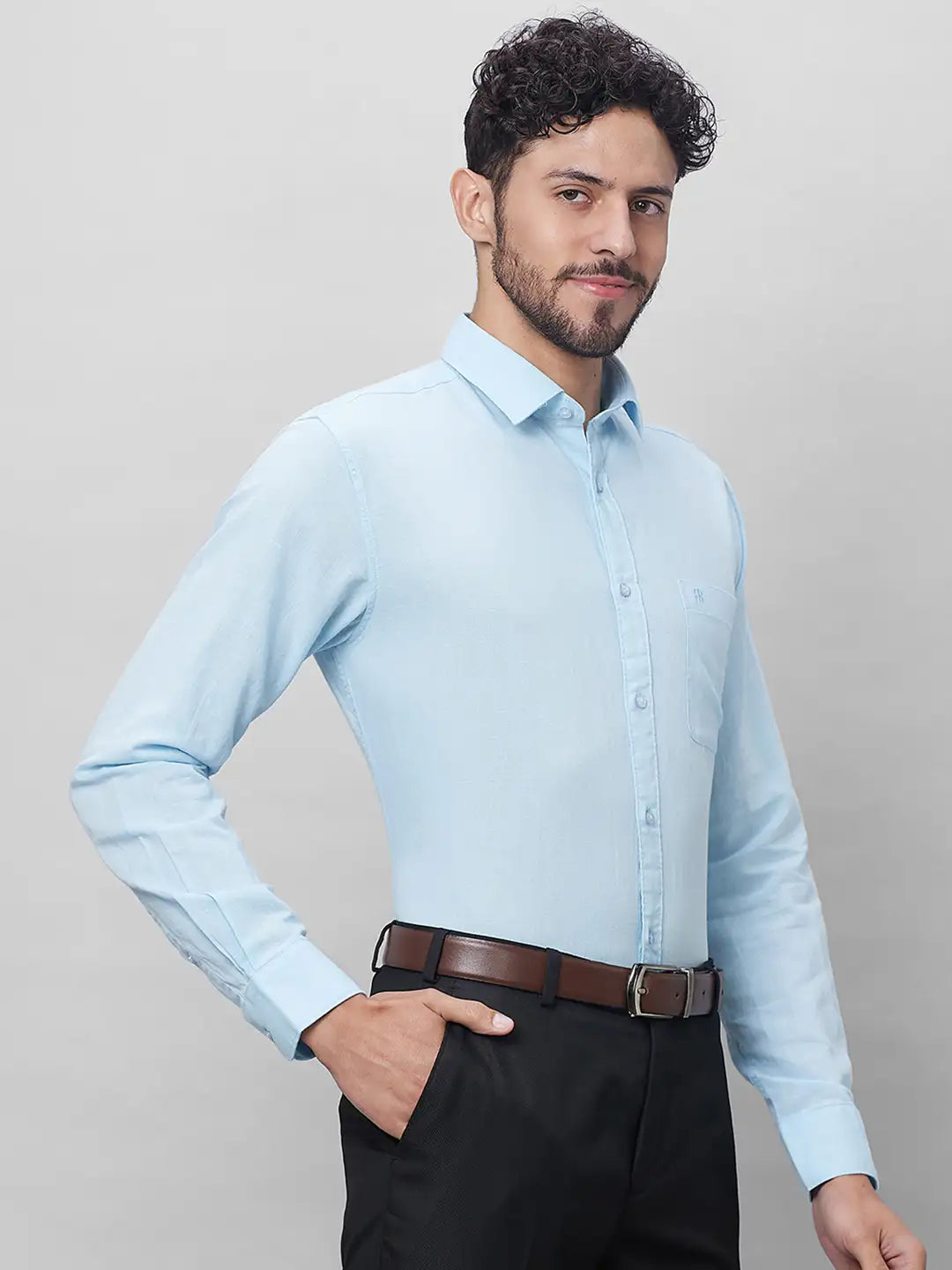 Raymond Men Blue Solid Slim Fit Linen Blend Shirts