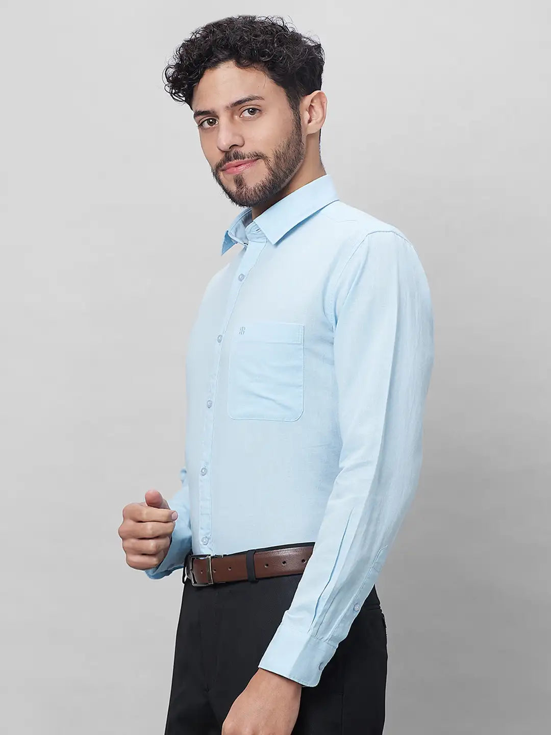 Raymond Men Blue Solid Slim Fit Linen Blend Shirts MyRaymond
