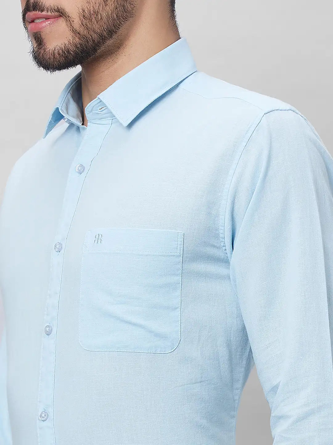 Raymond Men Blue Solid Slim Fit Linen Blend Shirts MyRaymond