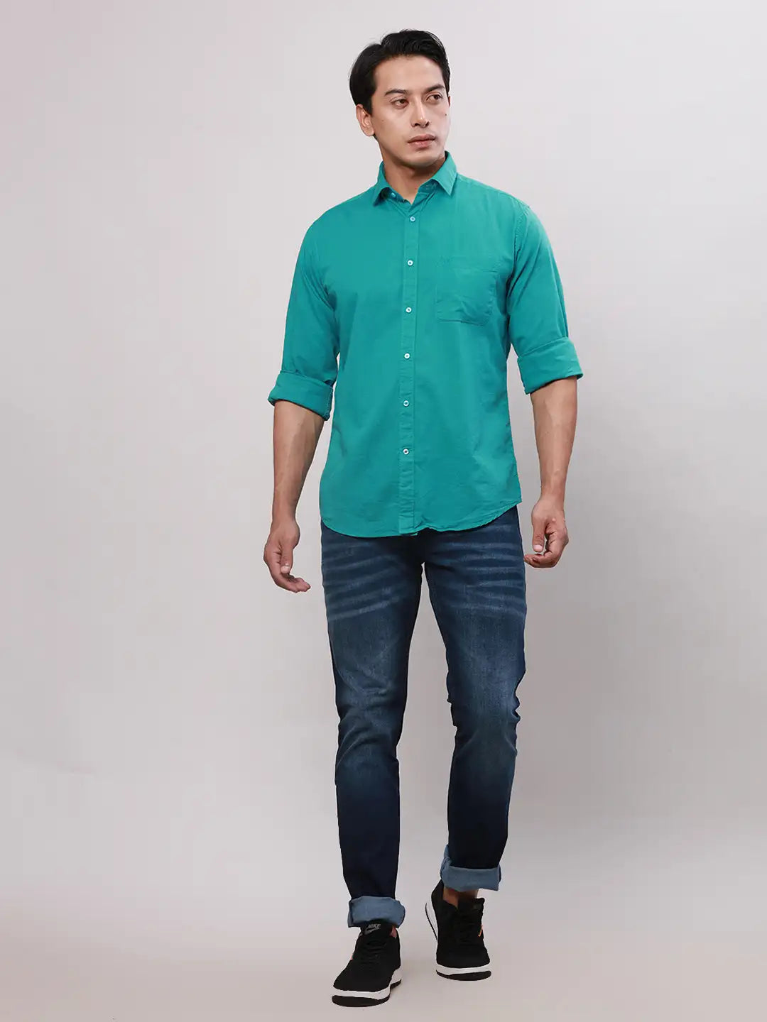 Raymond Men Grey Slim Fit Stripe Cotton Regular Collar Shirts