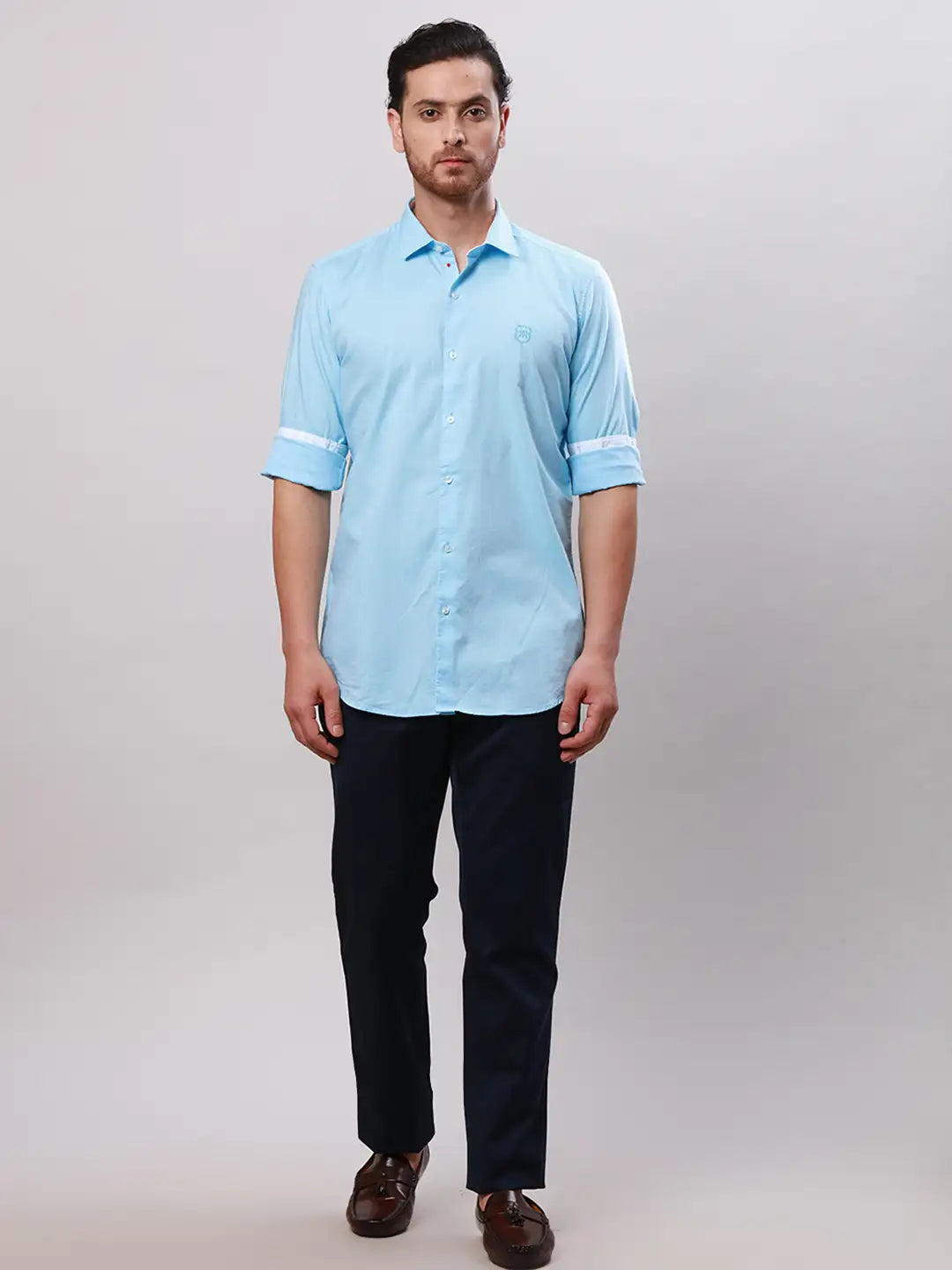 Men Grey Contemporary Fit Solid Cotton Blend Trouser