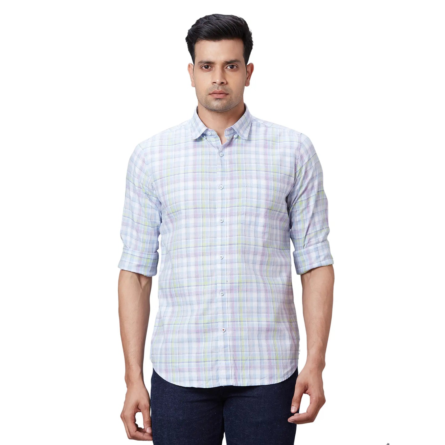 Men Blue Contemporary Fit Checks Cotton Regular Collar Shirts