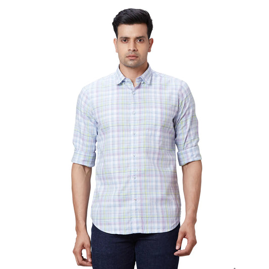 Men Blue Contemporary Fit Checks Cotton Regular Collar Shirts