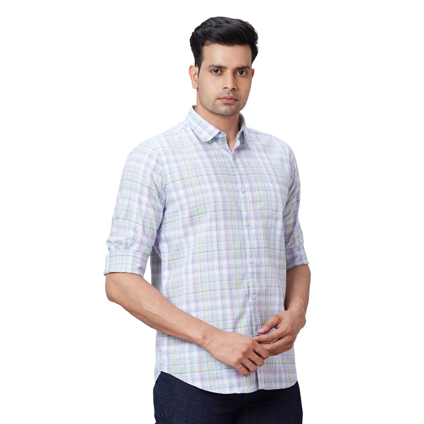 Men Blue Contemporary Fit Checks Cotton Regular Collar Shirts
