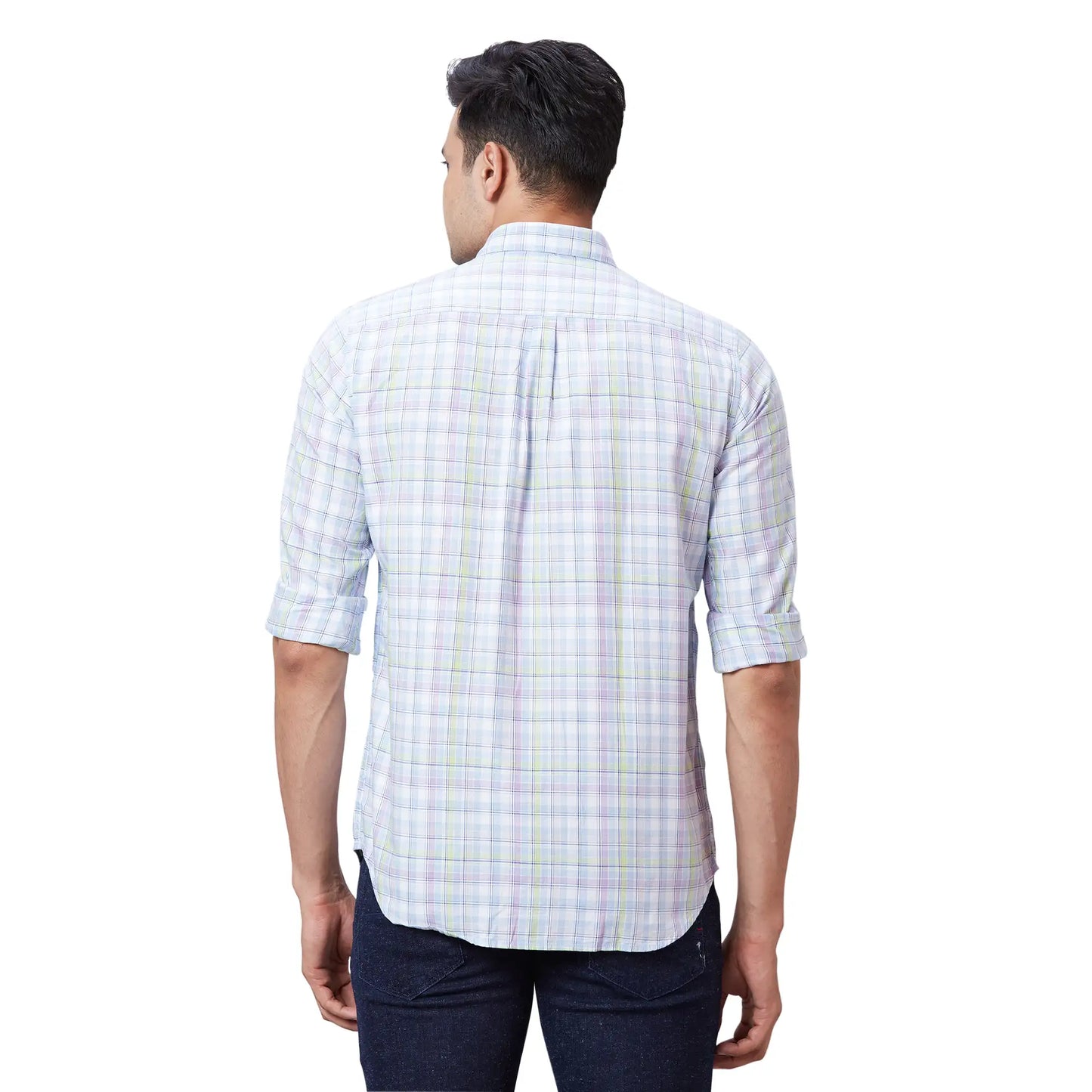 Men Blue Contemporary Fit Checks Cotton Regular Collar Shirts