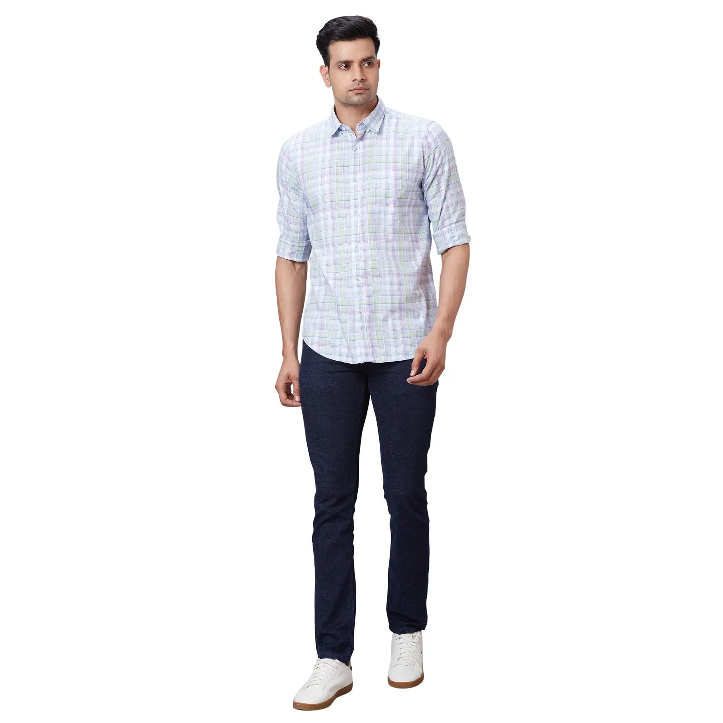 Men Blue Contemporary Fit Checks Cotton Regular Collar Shirts