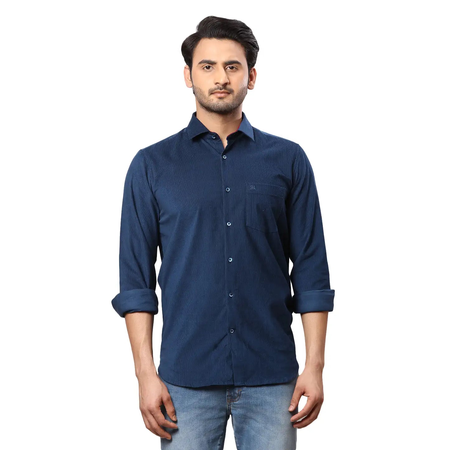 Men Blue Contemporary Fit Stripe Cotton Regular Collar Shirts