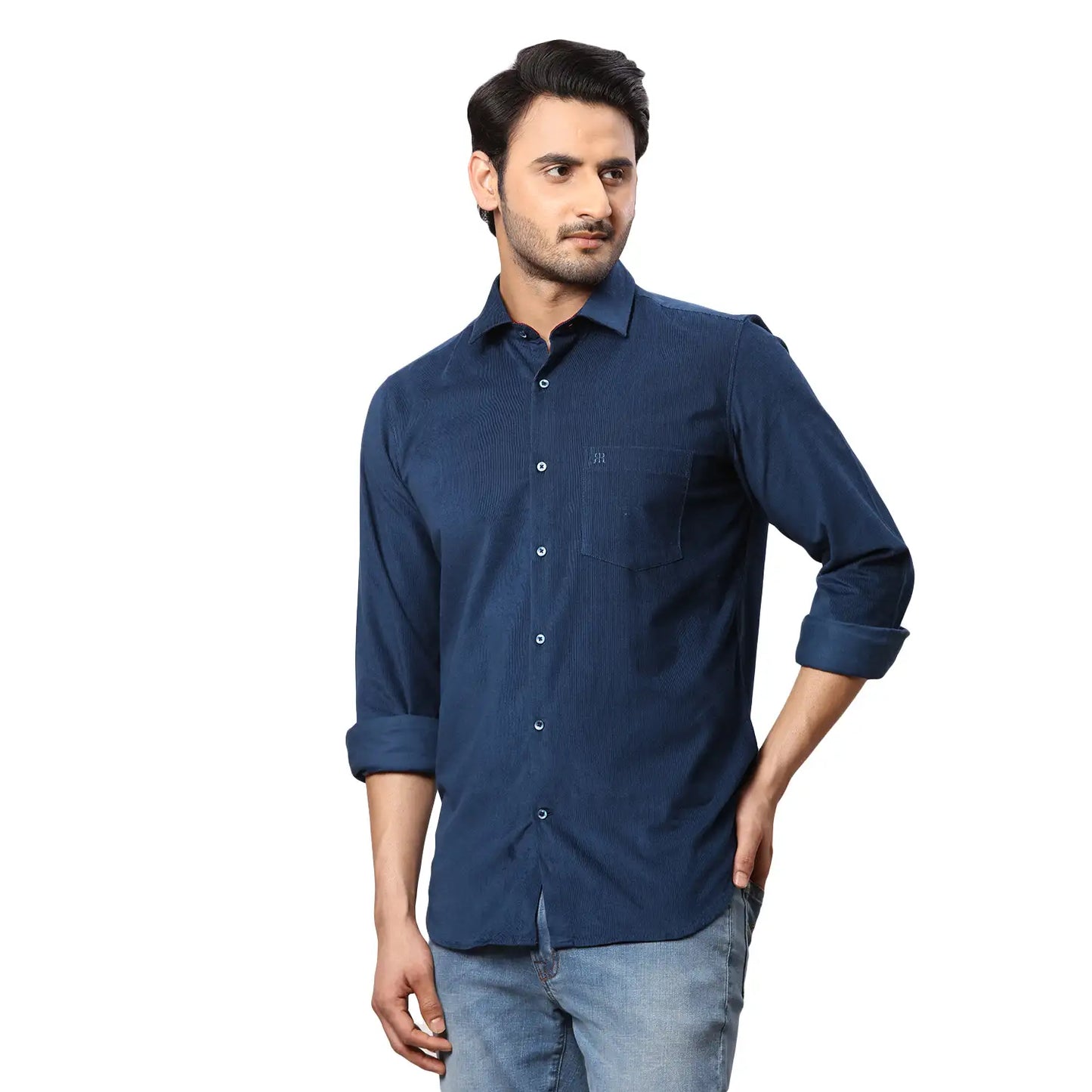 Men Blue Contemporary Fit Stripe Cotton Regular Collar Shirts