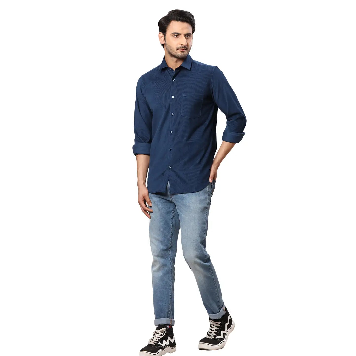 Men Blue Contemporary Fit Stripe Cotton Regular Collar Shirts