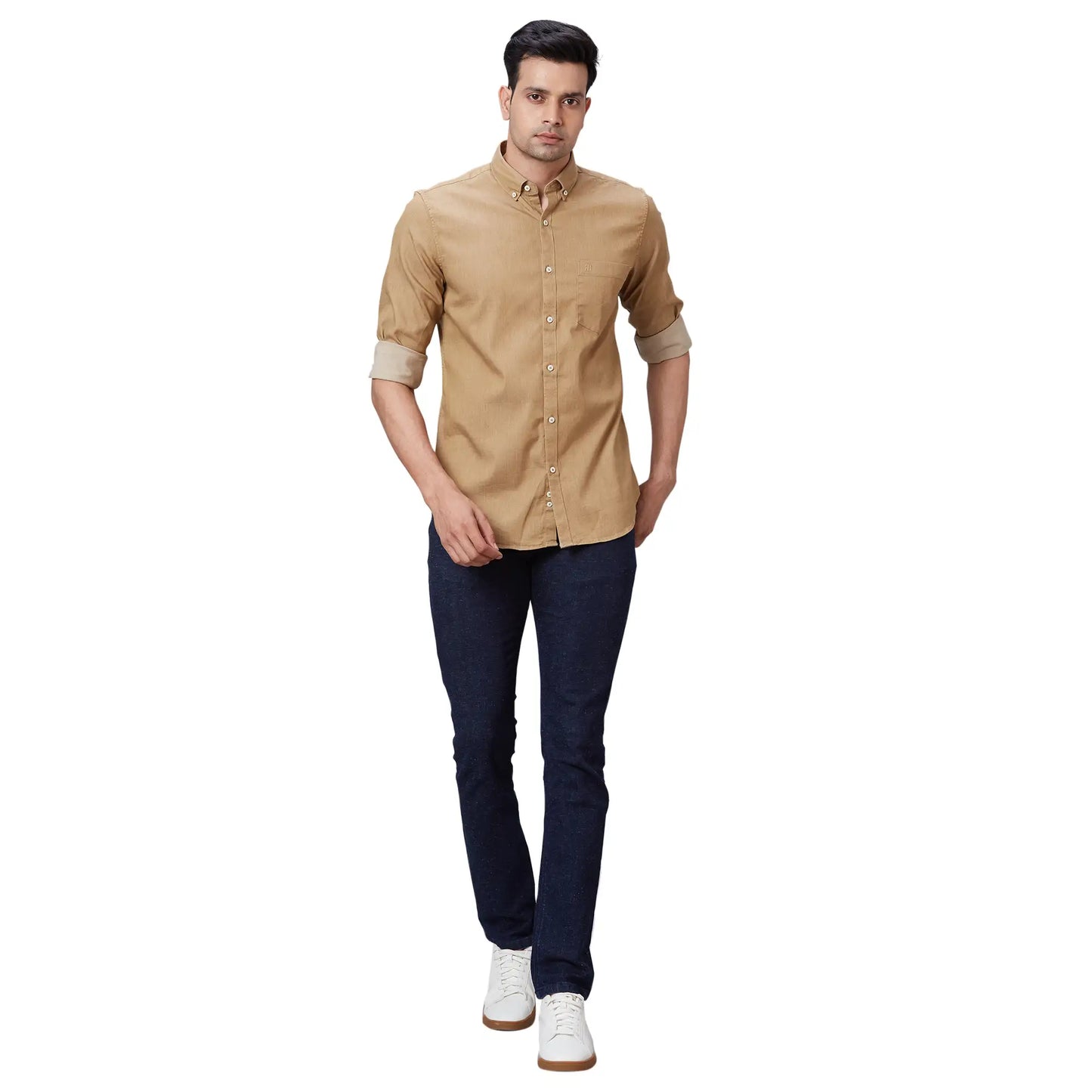 Men Blue Contemporary Fit Structure Cotton Trouser