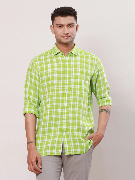 Raymond Men Yellow Checks Contemporary Fit Linen Regular Collar Shirt