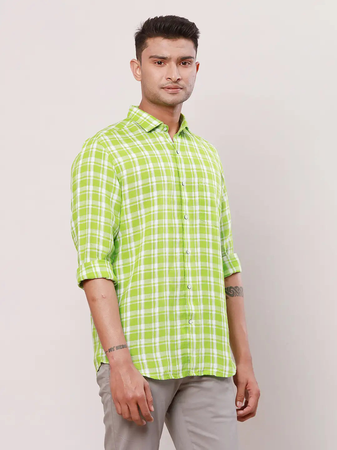 Raymond Men Yellow Checks Contemporary Fit Linen Regular Collar Shirt