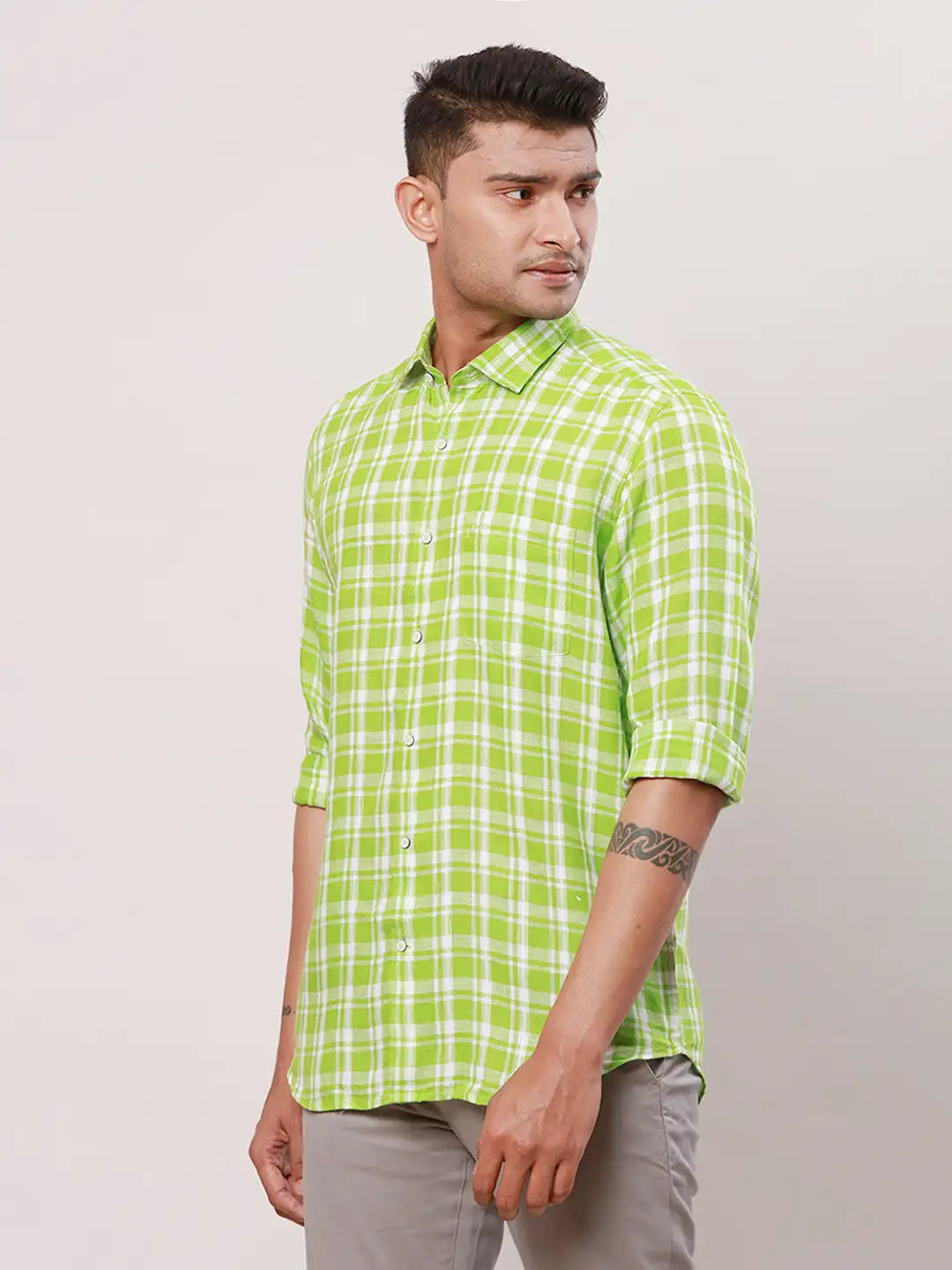 Raymond Men Yellow Checks Contemporary Fit Linen Regular Collar Shirt