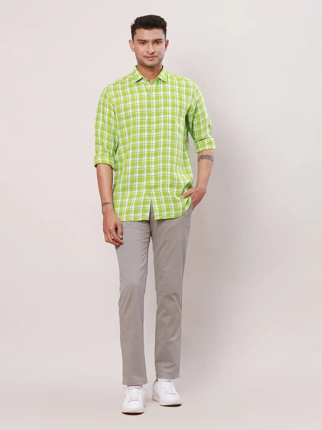 Raymond Men Yellow Checks Contemporary Fit Linen Regular Collar Shirt
