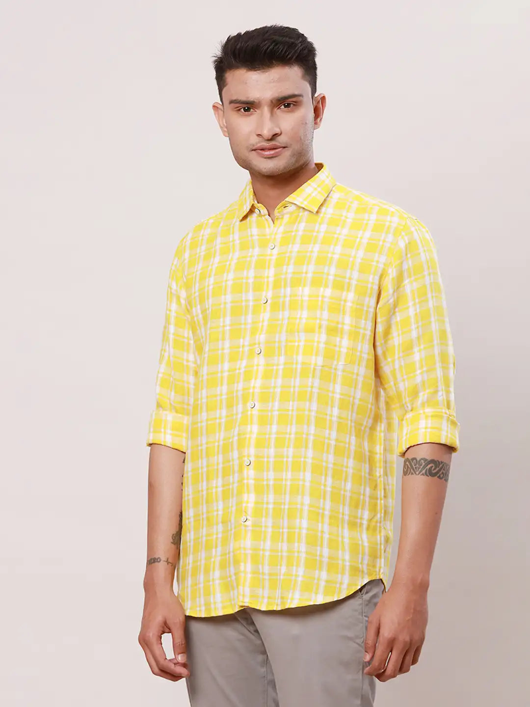 Raymond Men Grey Checks Contemporary Fit Cotton Regular Collar Shirt