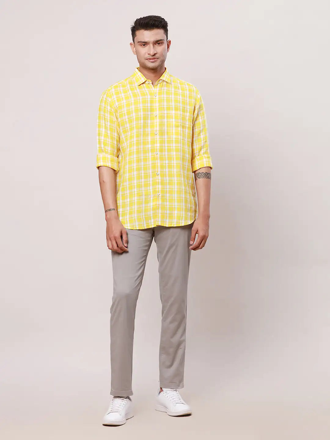 Raymond Men Grey Checks Contemporary Fit Cotton Regular Collar Shirt