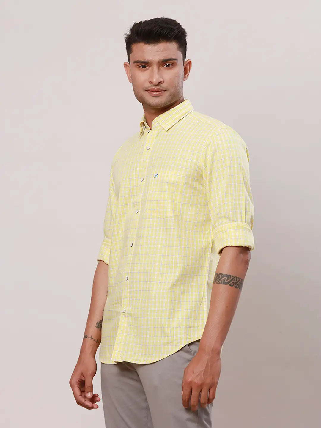 Raymond Men Blue Checks Contemporary Fit Cotton Regular Collar Shirt