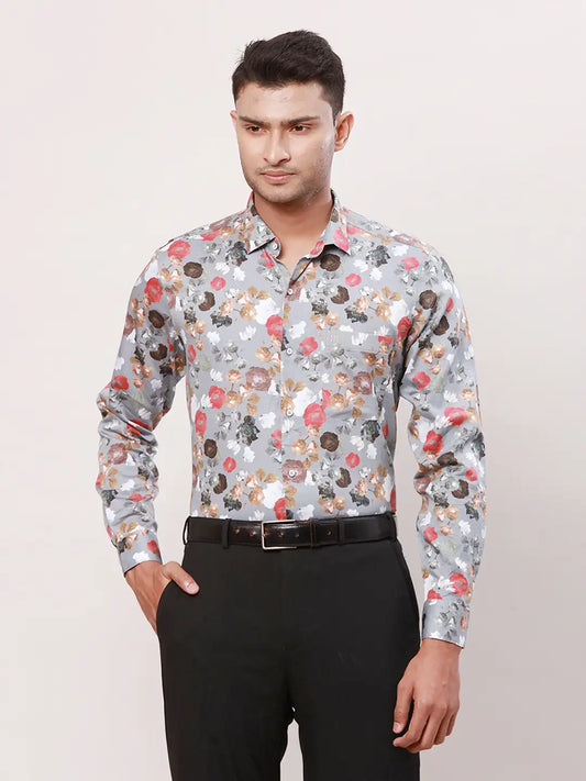 Raymond Men Orange Print Contemporary Fit Cotton Regular Collar Shirt