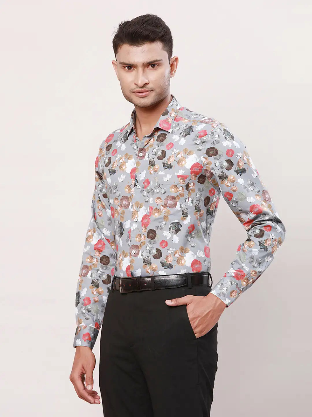 Raymond Men Orange Print Contemporary Fit Cotton Regular Collar Shirt