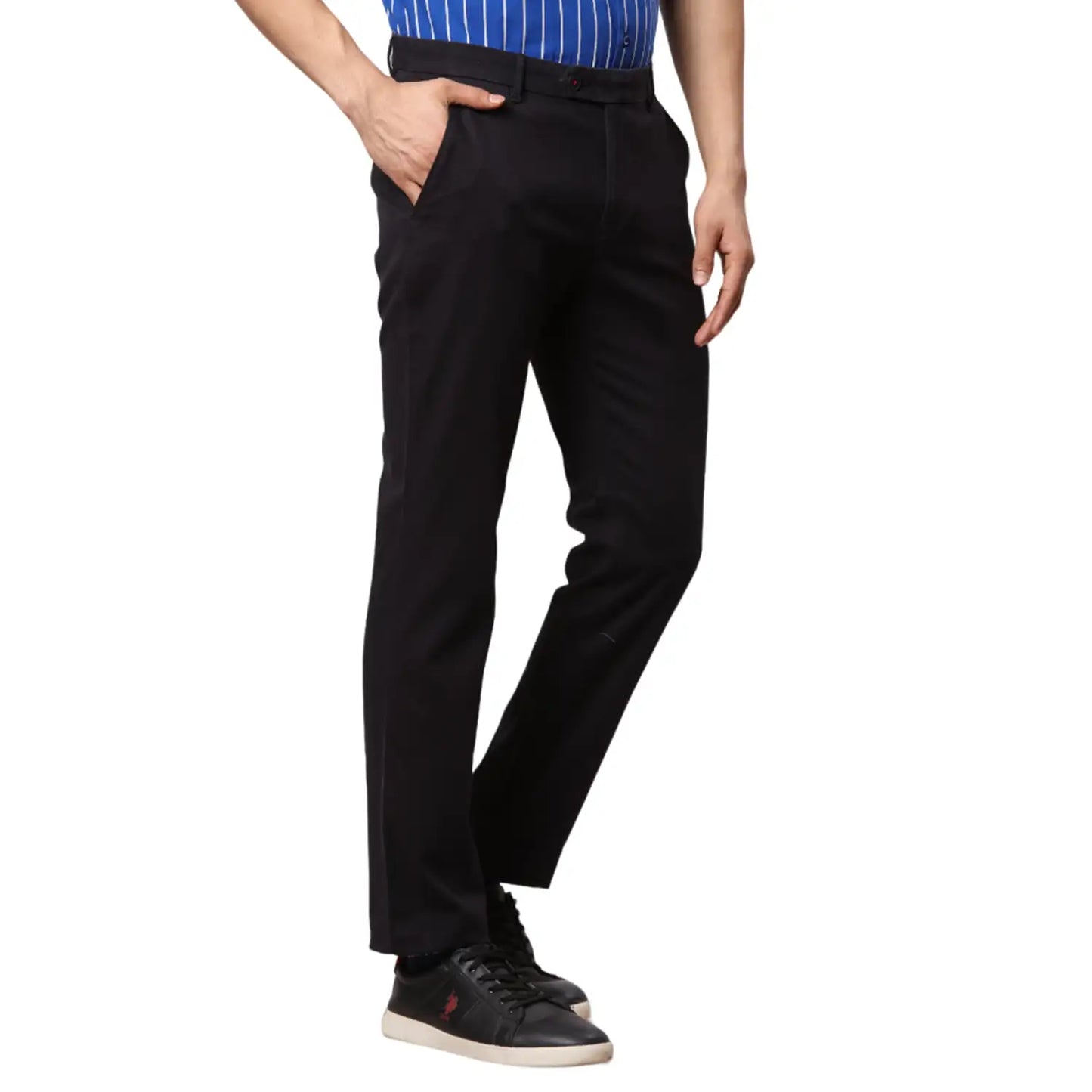 Men Blue Contemporary Fit Solid Cotton Blend Trouser