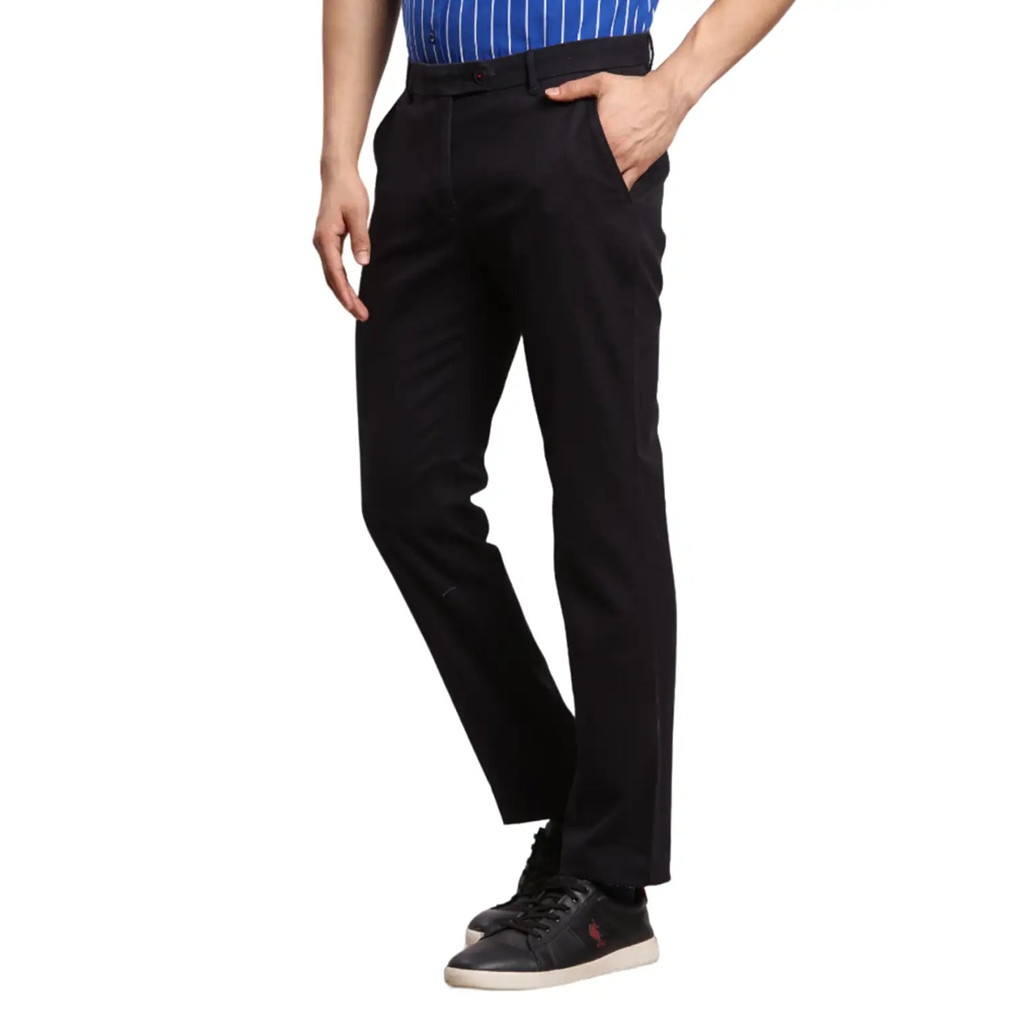 Men Blue Contemporary Fit Solid Cotton Blend Trouser