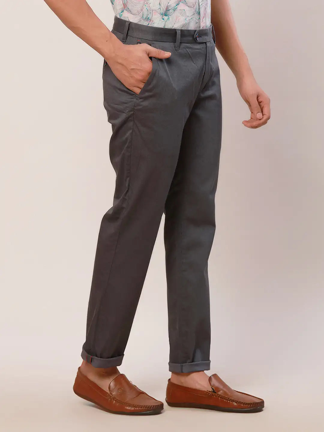 Raymond Men Grey Print Slim Fit Cotton Blend Trouser