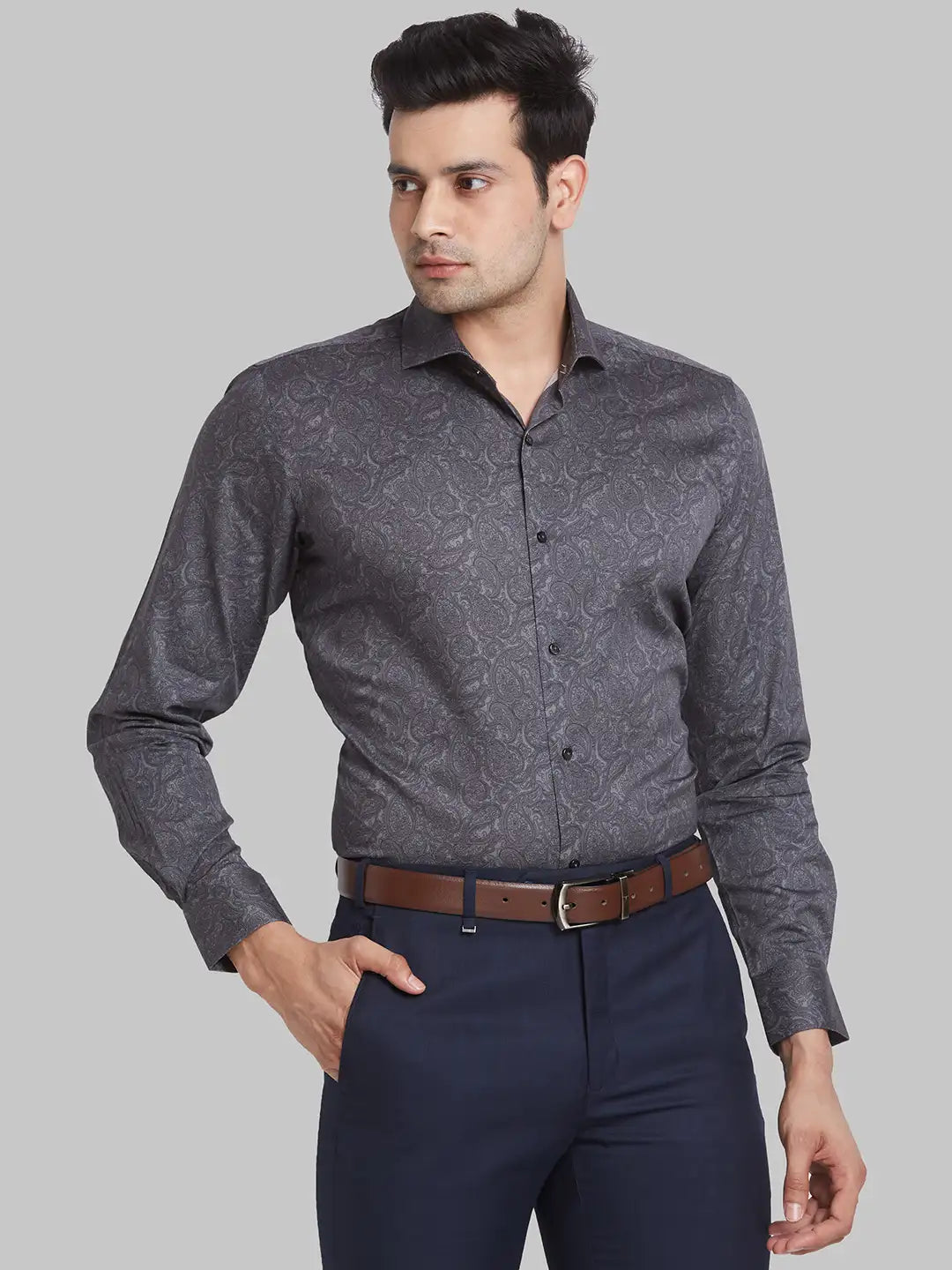 Men Petrol Slim Print Cotton Shirts