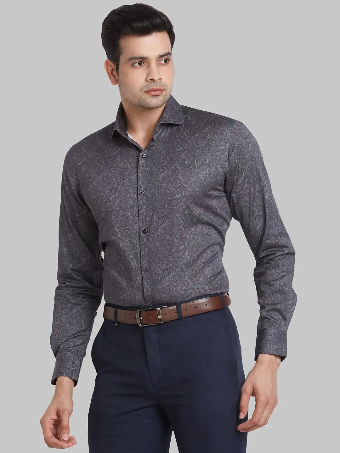 Men Petrol Slim Print Cotton Shirts