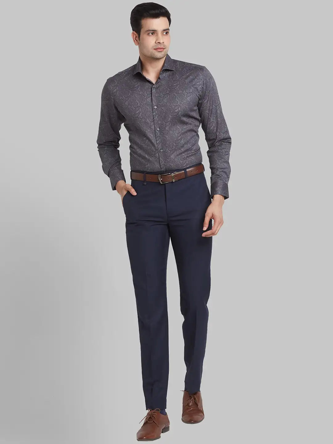 Men Petrol Slim Print Cotton Shirts