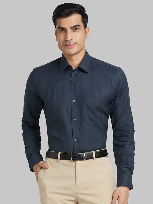 Men Blue Contemporary Fit Solid  Cotton Full Sleeve Regular Collar Shirts