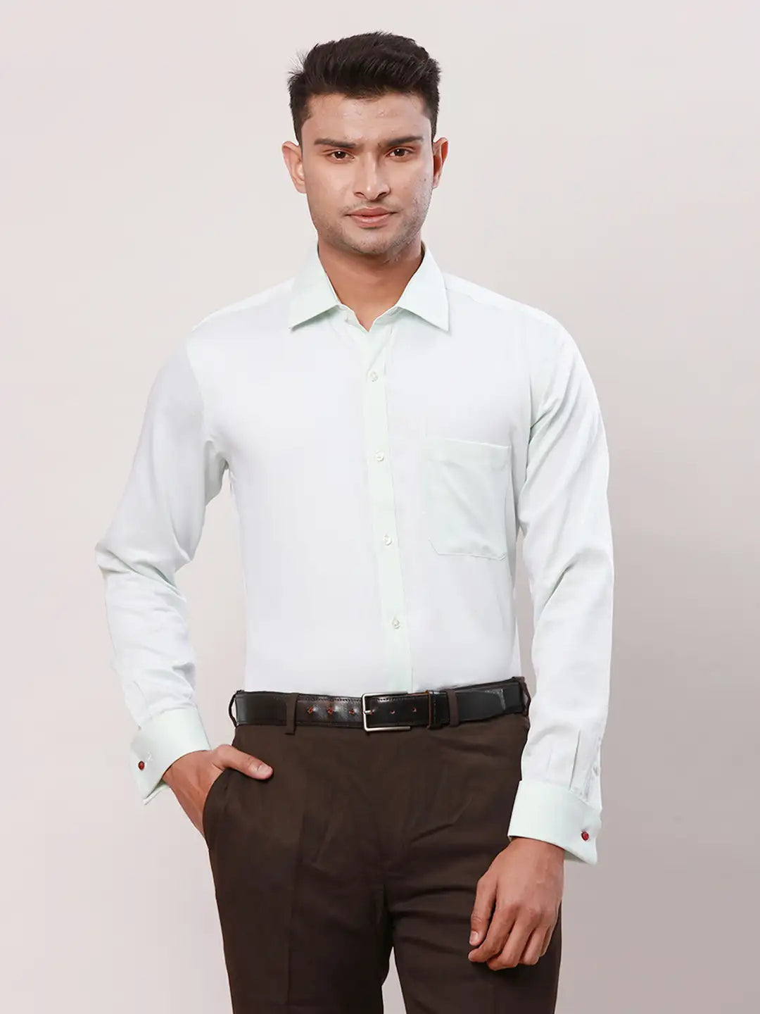 Raymond Men Grey Checks Contemporary Fit Cotton Full Sleeve Cutaway Collar Shirt