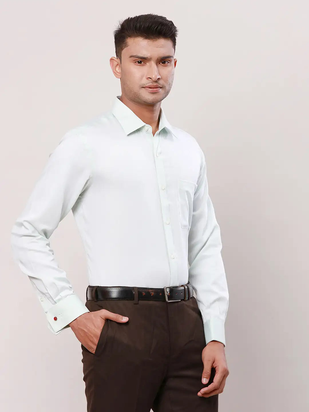 Raymond Men Grey Checks Contemporary Fit Cotton Full Sleeve Cutaway Collar Shirt