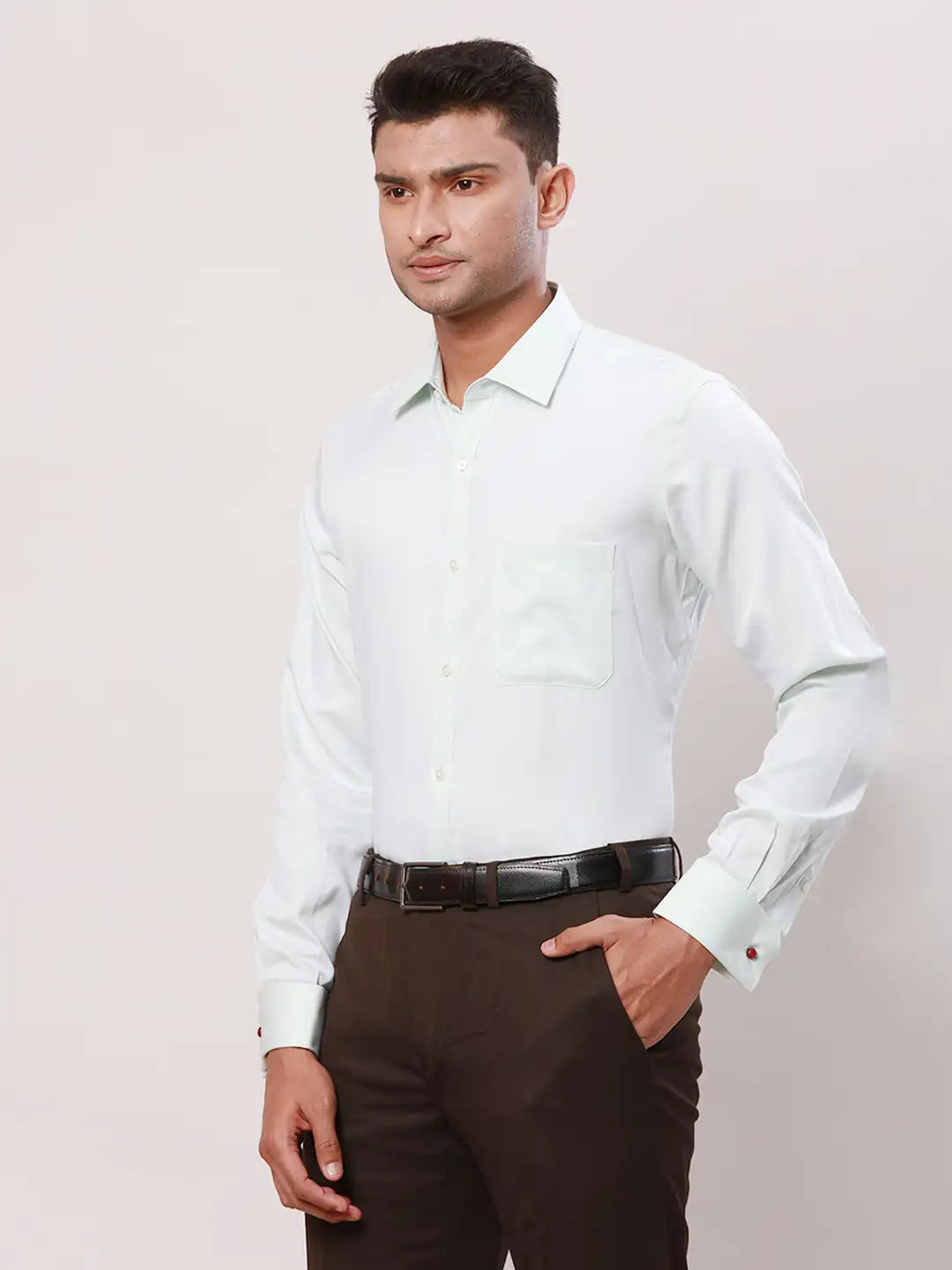 Raymond Men Grey Checks Contemporary Fit Cotton Full Sleeve Cutaway Collar Shirt