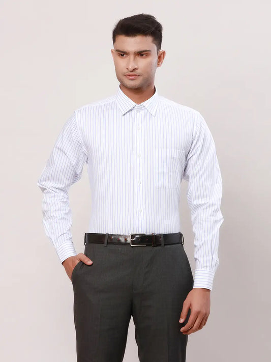 Raymond Men Green Stripe Contemporary Fit Cotton Cutaway Collar Shirt