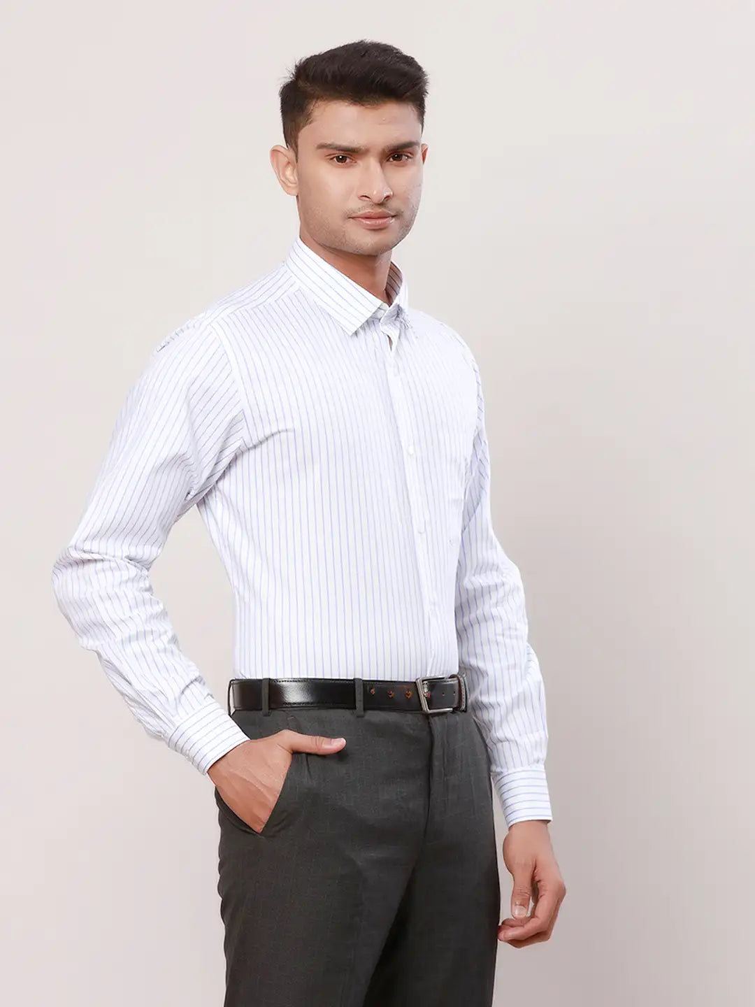 Raymond Men Green Stripe Contemporary Fit Cotton Cutaway Collar Shirt