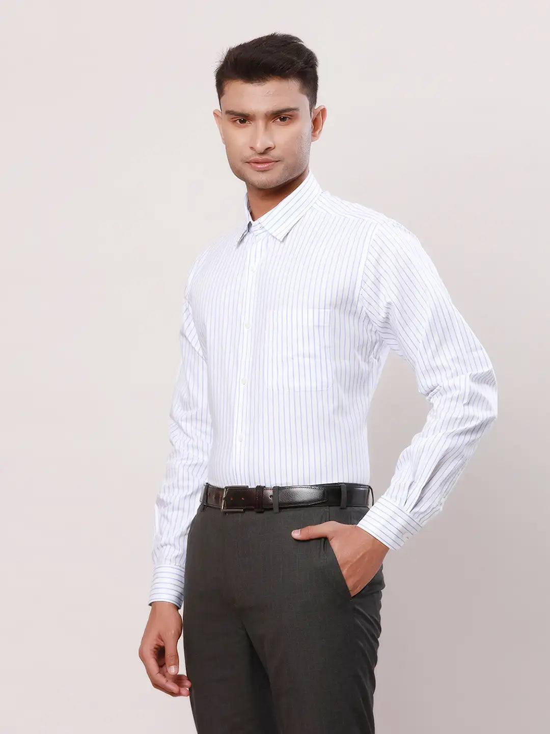 Raymond Men Green Stripe Contemporary Fit Cotton Cutaway Collar Shirt