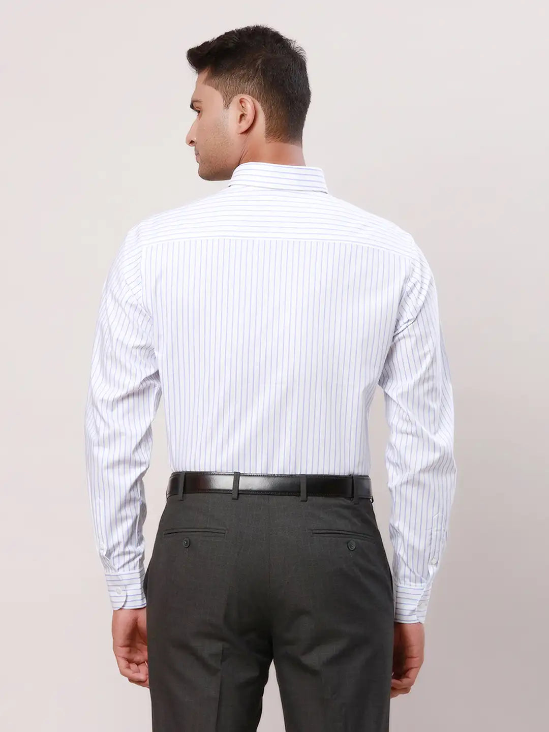 Raymond Men Green Stripe Contemporary Fit Cotton Cutaway Collar Shirt