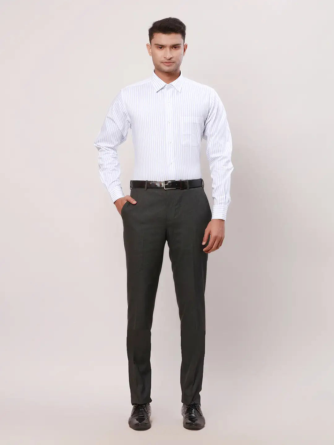Raymond Men Green Stripe Contemporary Fit Cotton Cutaway Collar Shirt
