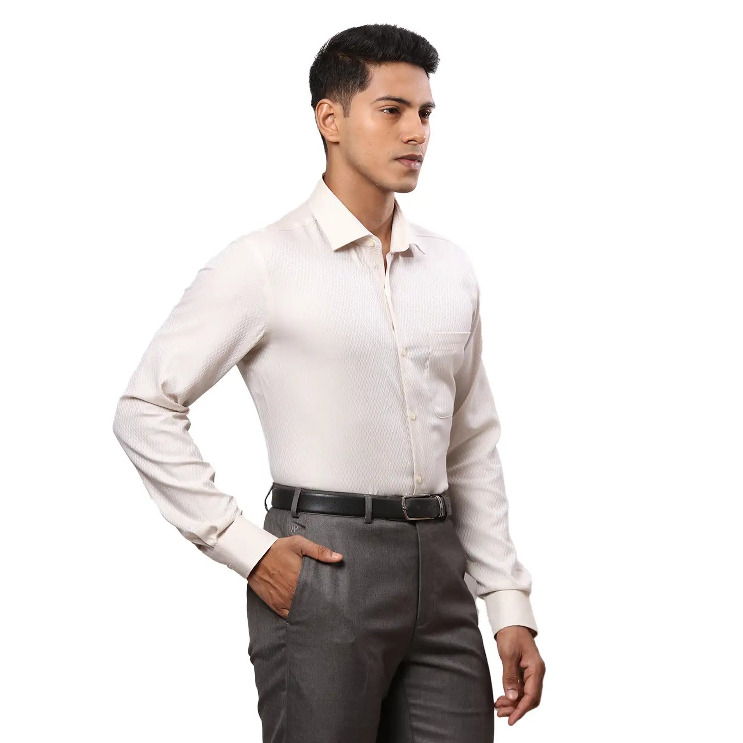 Men Green Contemporary Fit Structure Cotton Cut Collar Shirts