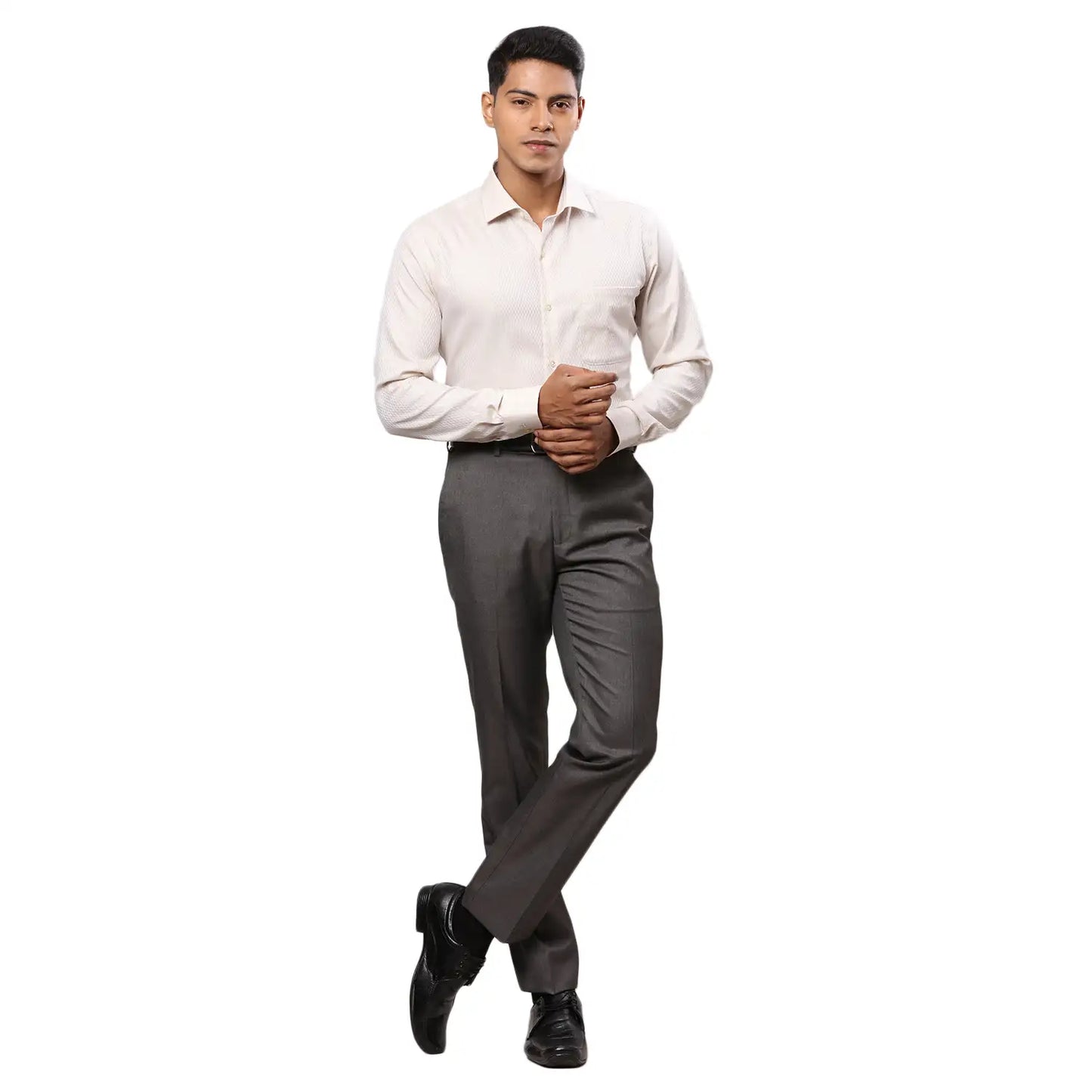 Men Green Contemporary Fit Structure Cotton Cut Collar Shirts