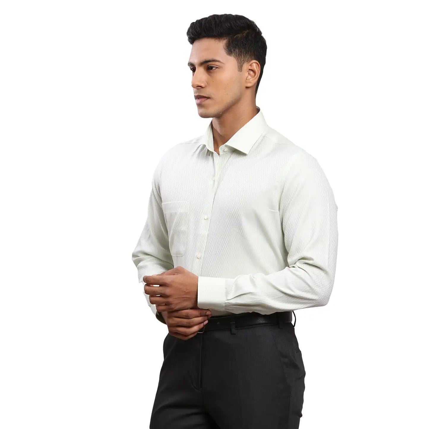Men White Contemporary Fit Structure Cotton Cut Collar Shirts