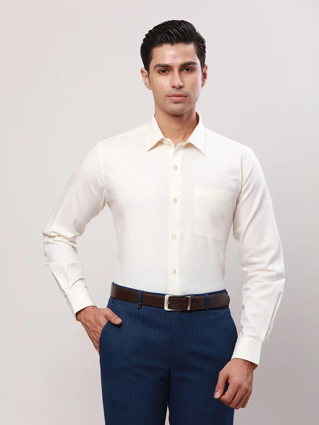 Raymond Men Fawn Solid Regular Fit Cotton Cutaway Collar Shirt