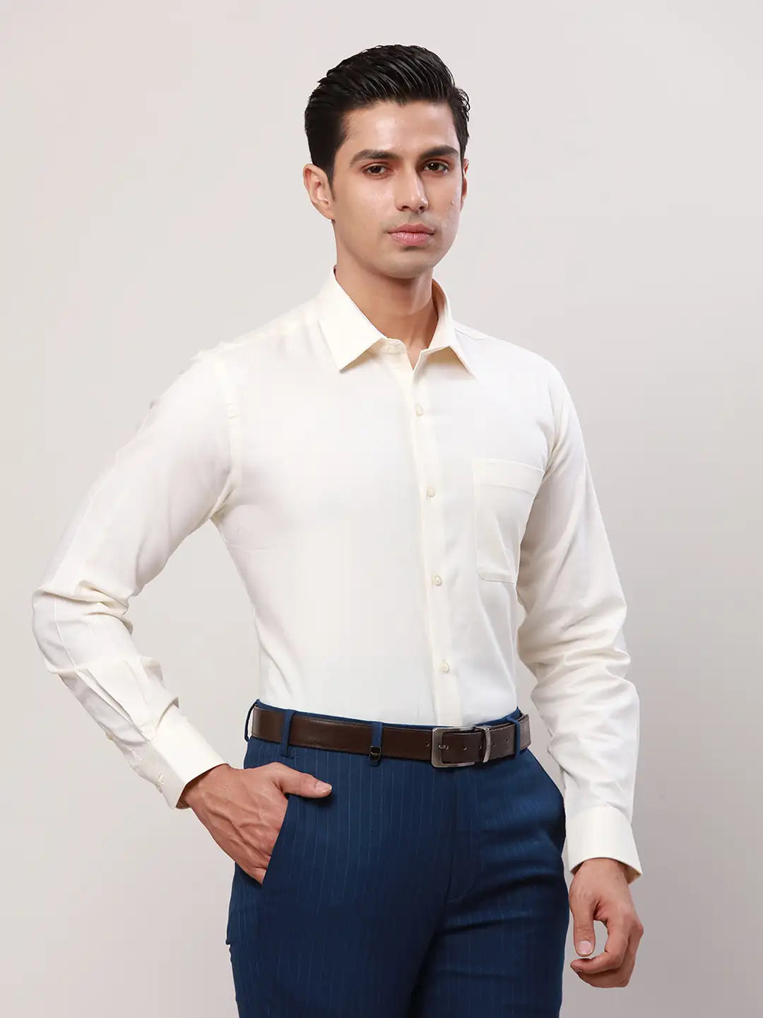 Raymond Men Fawn Solid Regular Fit Cotton Cutaway Collar Shirt