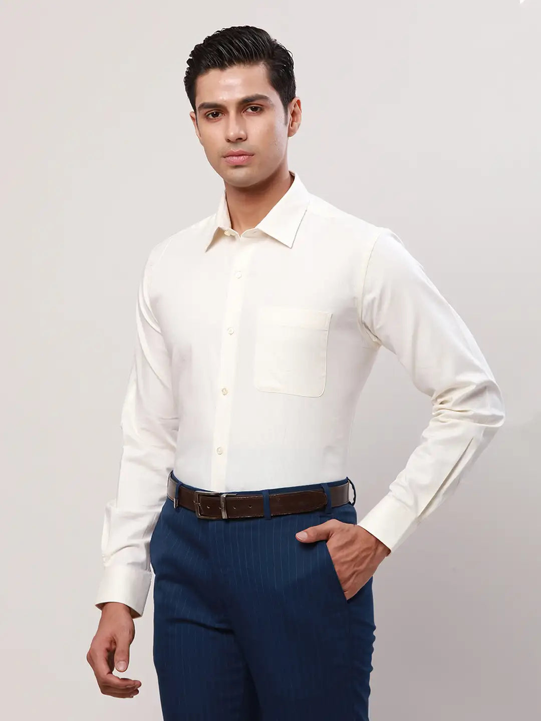 Raymond Men Fawn Solid Regular Fit Cotton Cutaway Collar Shirt