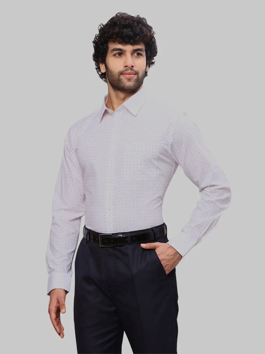 Raymond Men Grey Slim Fit Printed Cotton Full Sleeves Semi Cut Away Collar Shirt