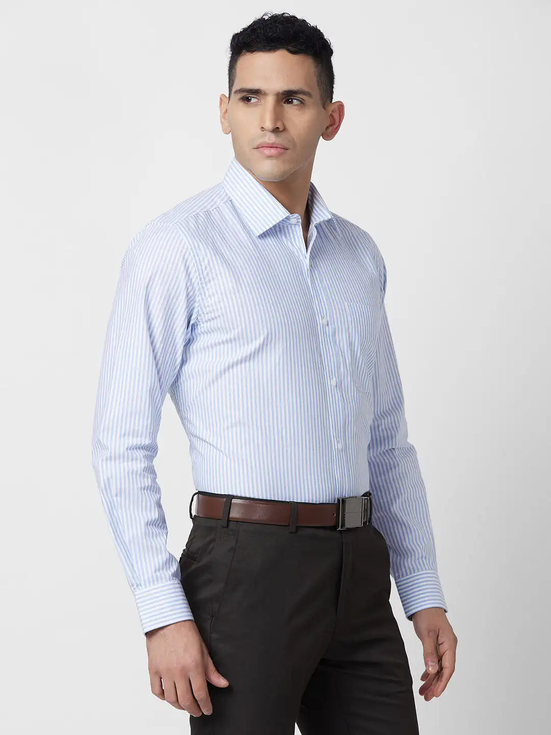 Raymond Men Grey Stripe Regular Fit Cotton Shirt